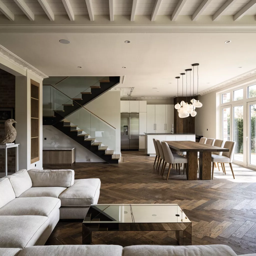 Renovated open-plan interior during a full house refurbishment in Hampshire